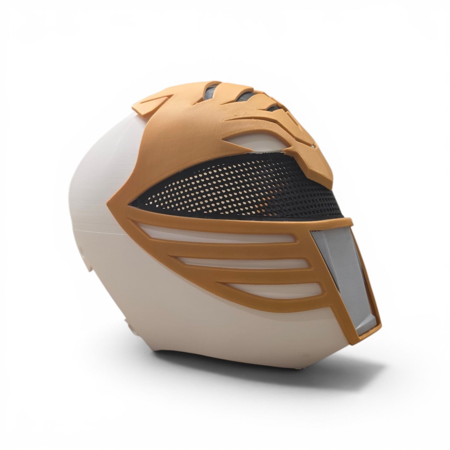 Close up of the helmet showing tiger stripe brow detailing and angular eye cutouts