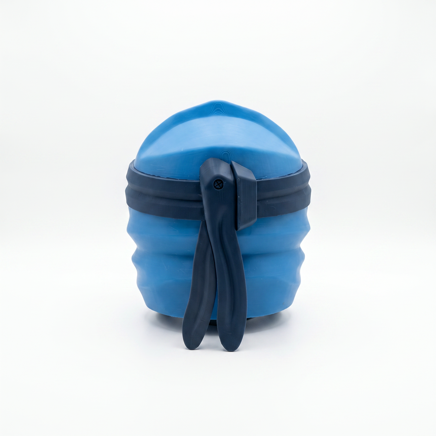 Close up of the ninja helmet showing dark grey head wrap and full cobalt blue side profile