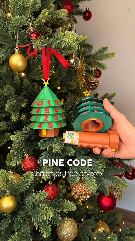 Pine Code Christmas tree cryptex main view hanging on tree with hidden cash compartment open
