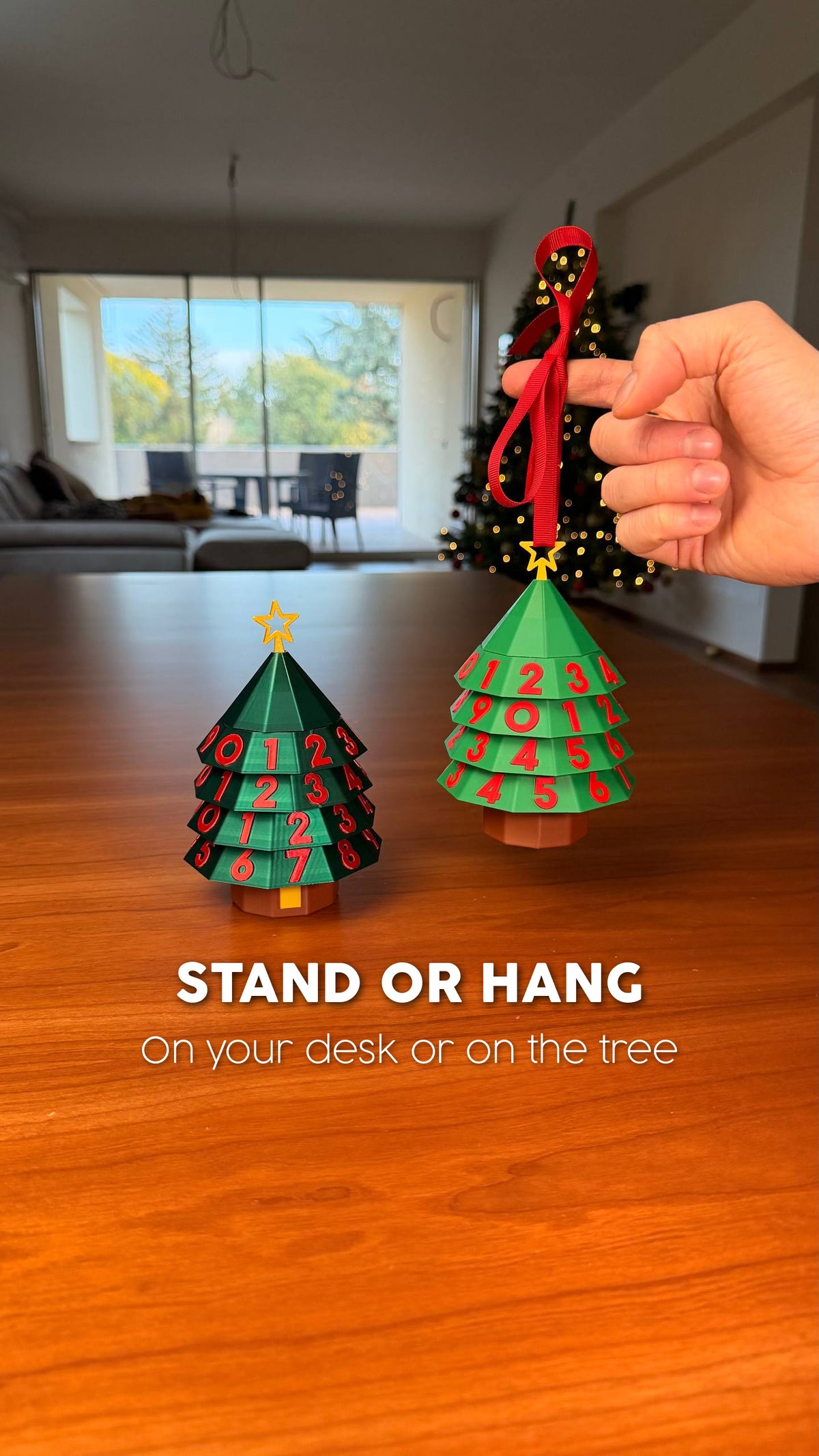 Pine Code Christmas tree cryptex shown both standing on a table and hanging as an ornament