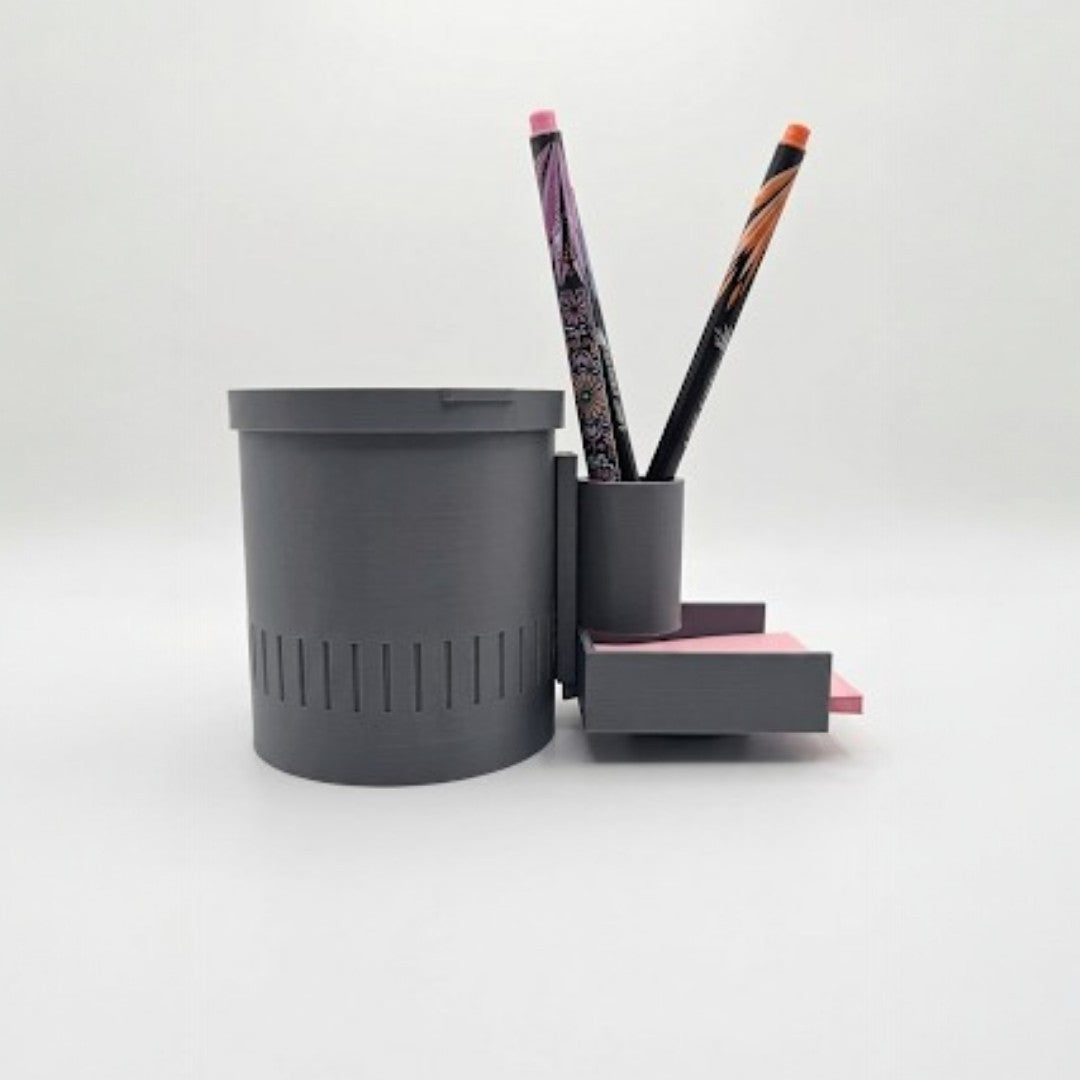 Close up of the Mod Bin showing full assembled desk organizer set from the side