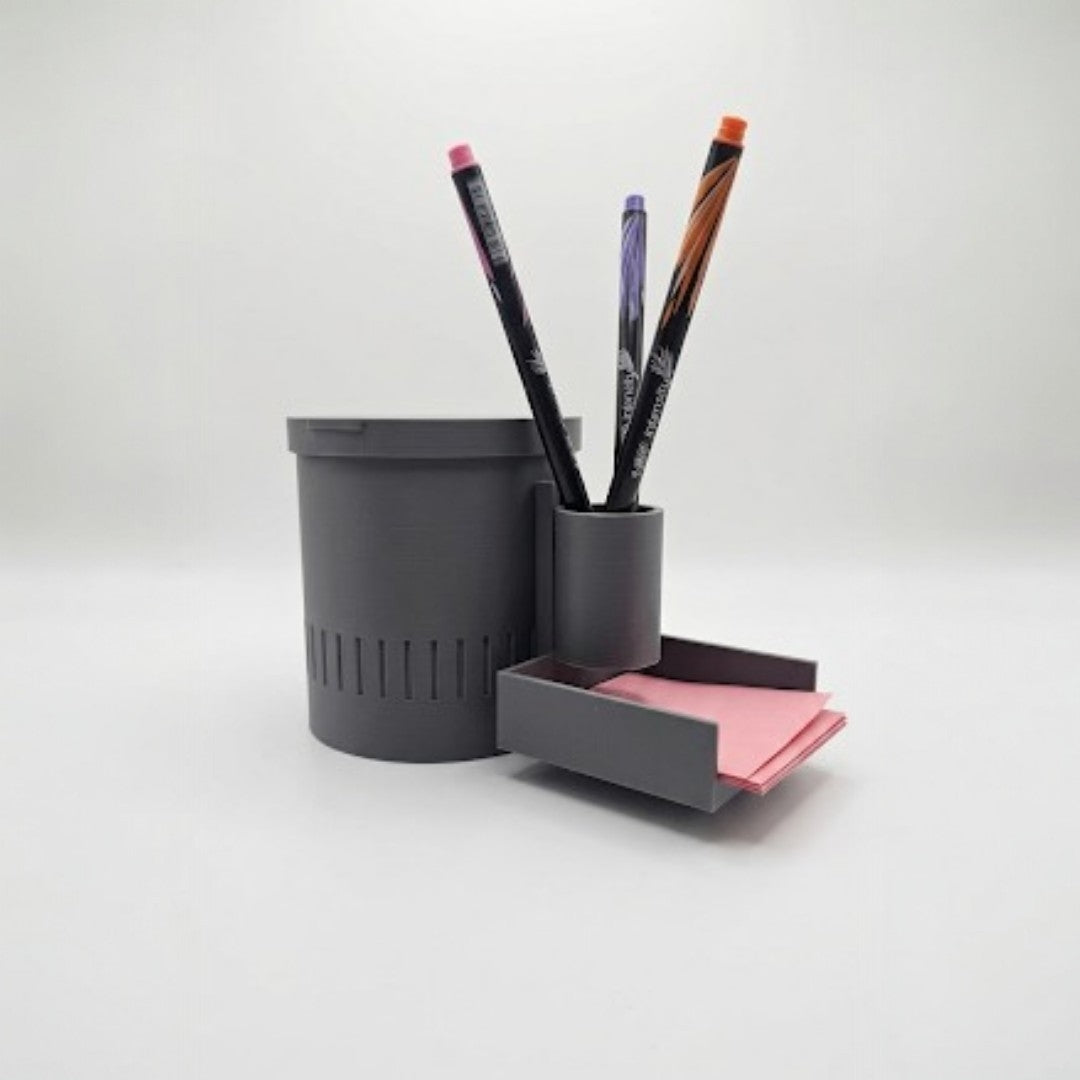 Close up of the Mod Bin showing the ribbed cylindrical body and modular clip system