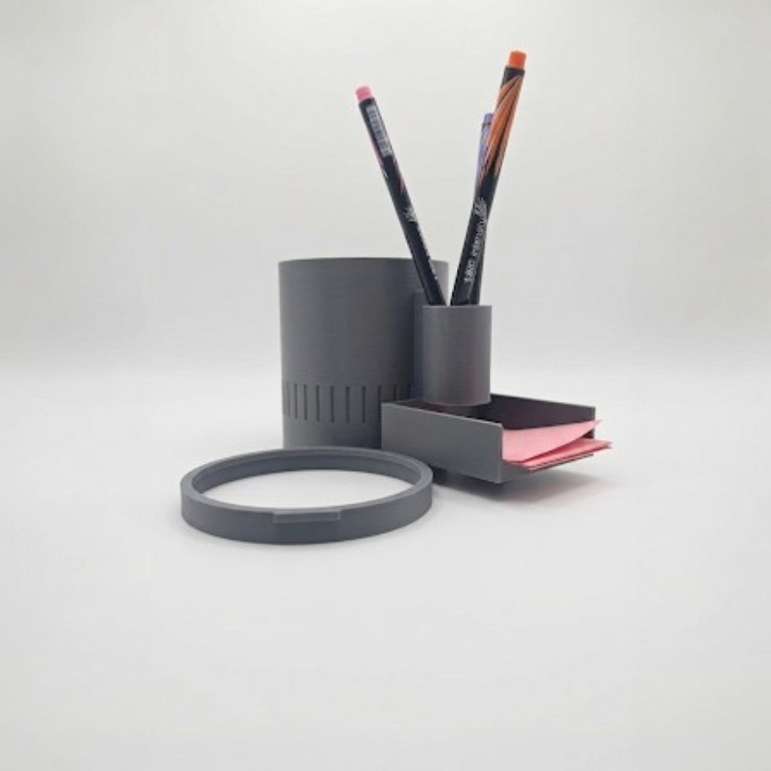 Close up of the Mod Bin showing the slide out sticky note tray