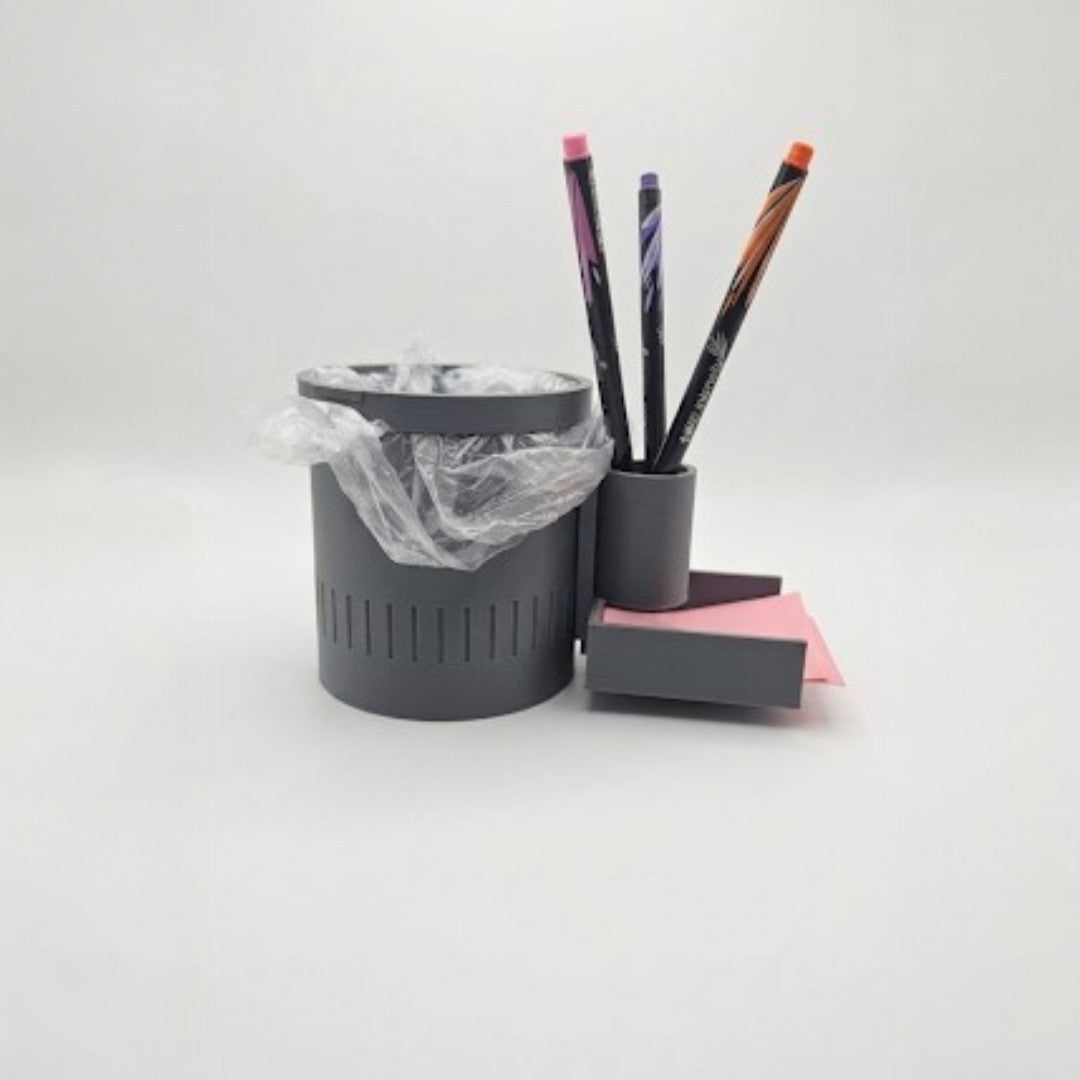 Close up of the Mod Bin showing the side mounted pen holder with pens