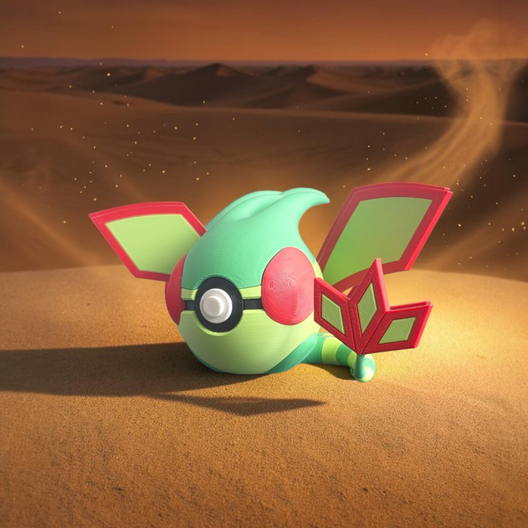 3D printed green dragon desert spirit creature ball on sandy desert background