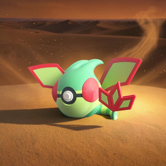 3D printed green dragon desert spirit creature ball on sandy desert background