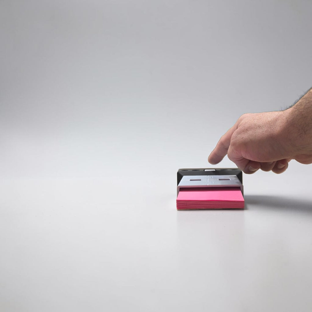 Close up of the USB note holder showing the secret compartment with stencils inside
