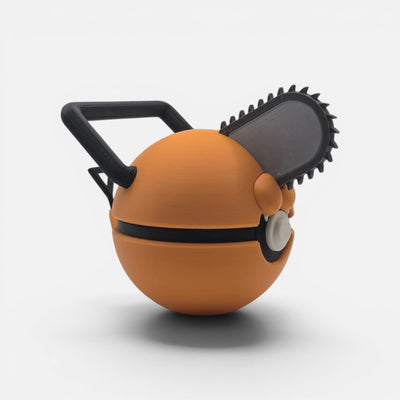 3D printed orange chainsaw devil mashup creature ball side profile view