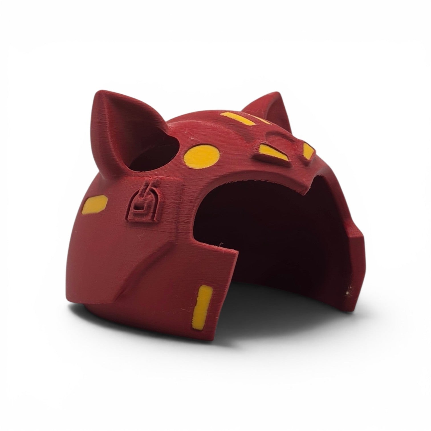 3D printed dark red Battle Cat cosplay helmet side profile view for cats
