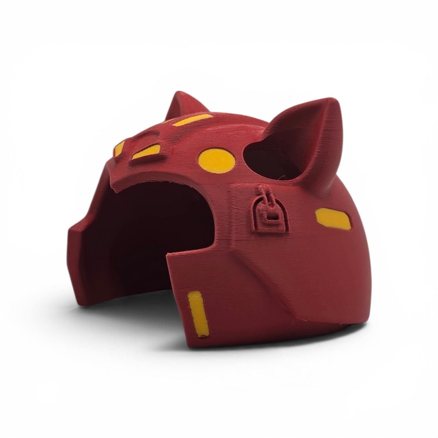 Close up of the Battle Cat helmet showing angular face cutout and engraved detail panel