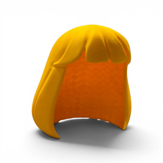 Close up of the cosplay hair helmet showing orange interior lining and structured base