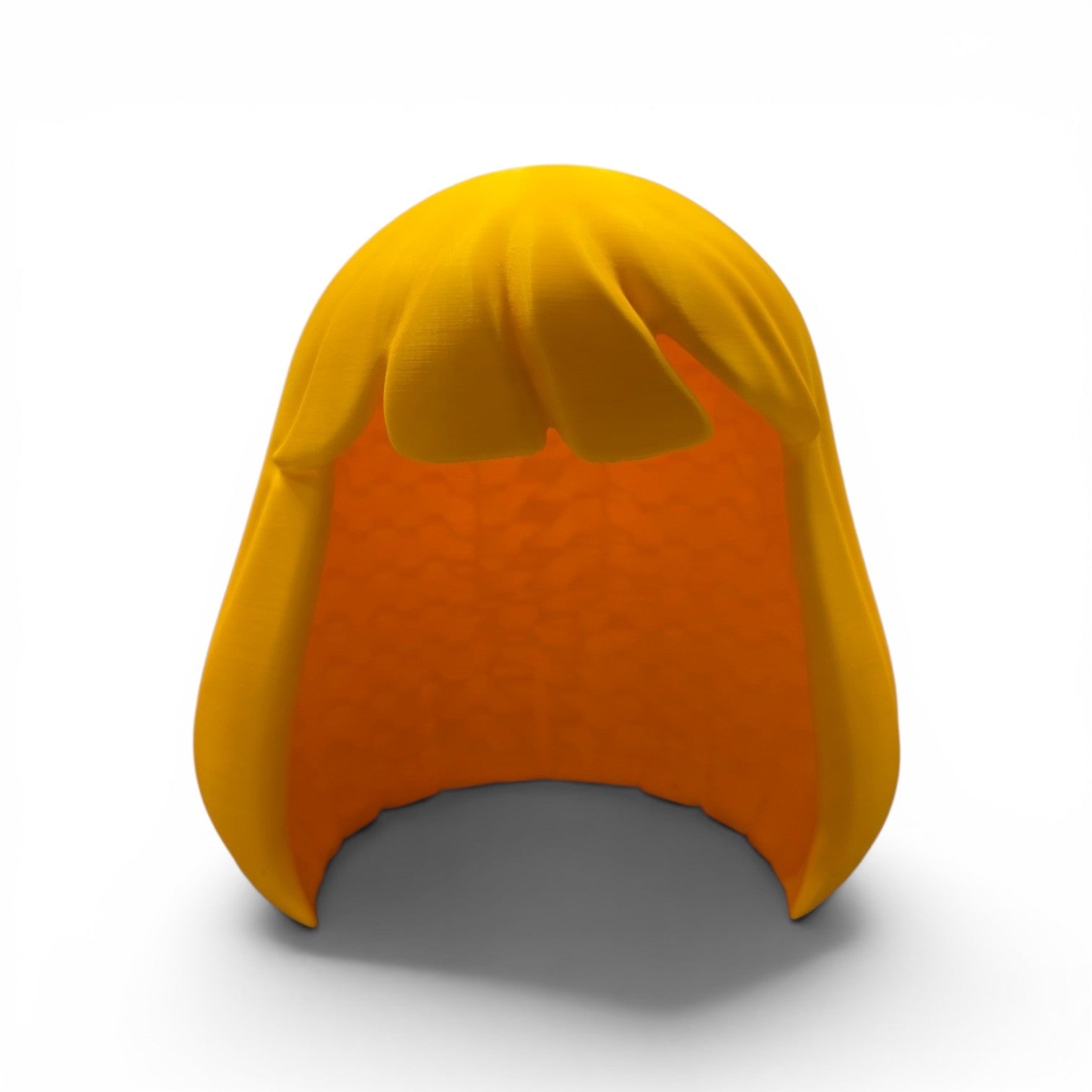 Close up of the cosplay hair helmet showing sculpted strand groupings and bang detail