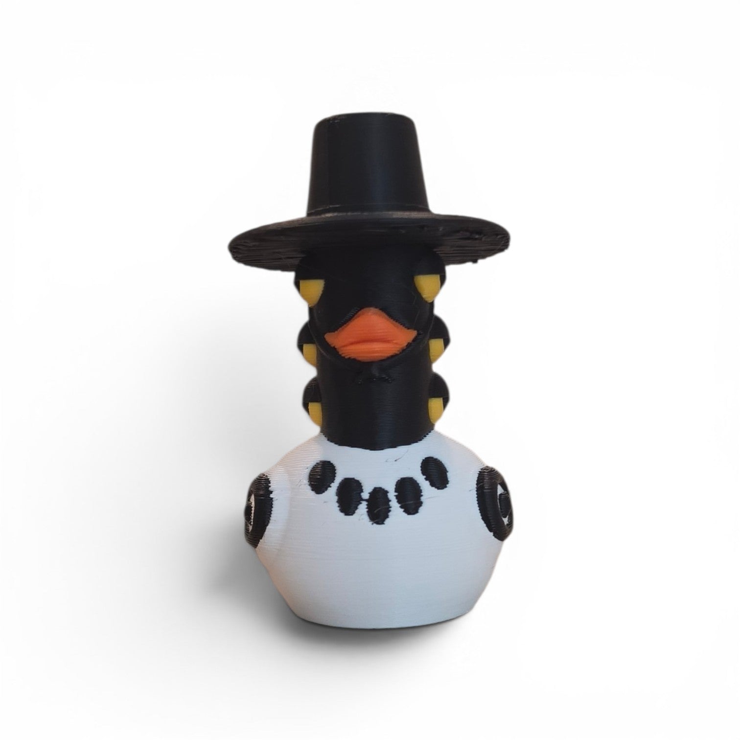 Close up of the Sussie duck showing orange beak and black neck detail