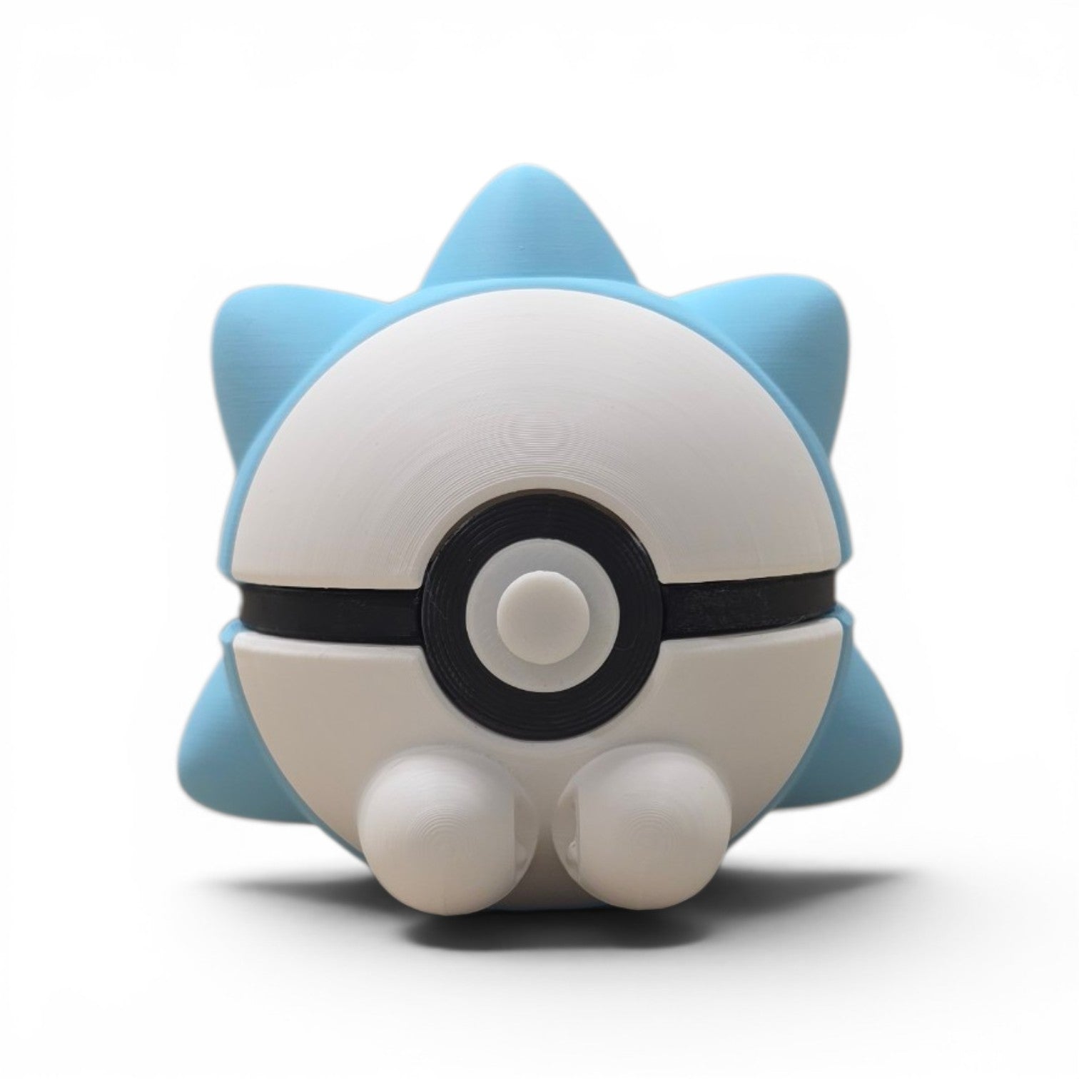 3D printed white and blue ice bug larva creature ball front view showing full spike shell