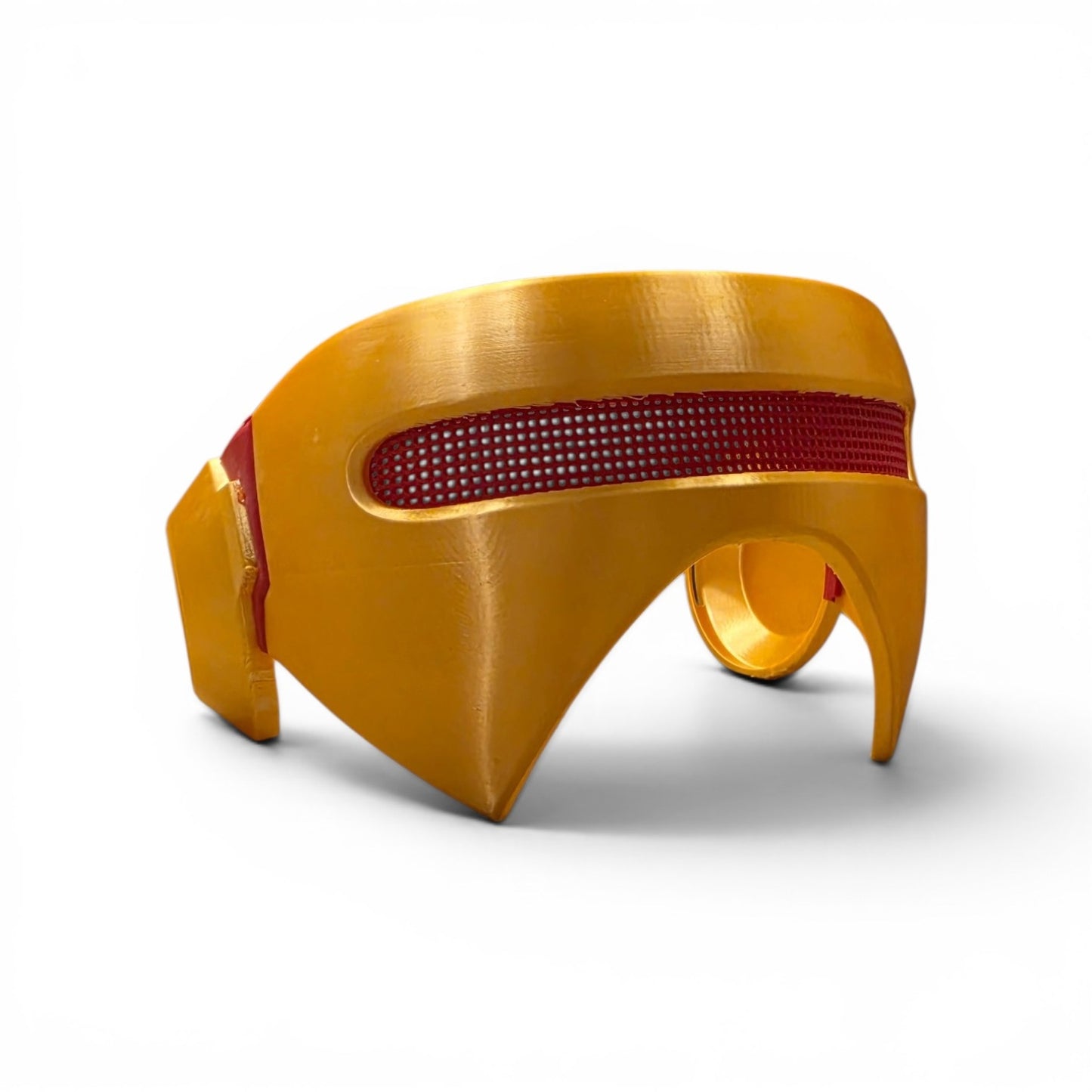 3D printed gold and red energy beam visor cosplay wearable side profile view