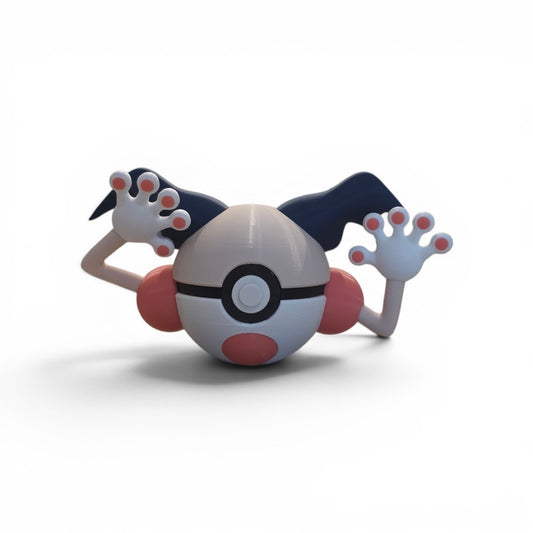 3D printed white and pink clown mime psychic creature ball with outstretched gloved hands front view