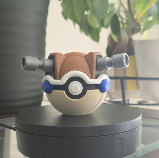 3D printed blue hydro tank water warrior creature ball with dual shoulder cannons