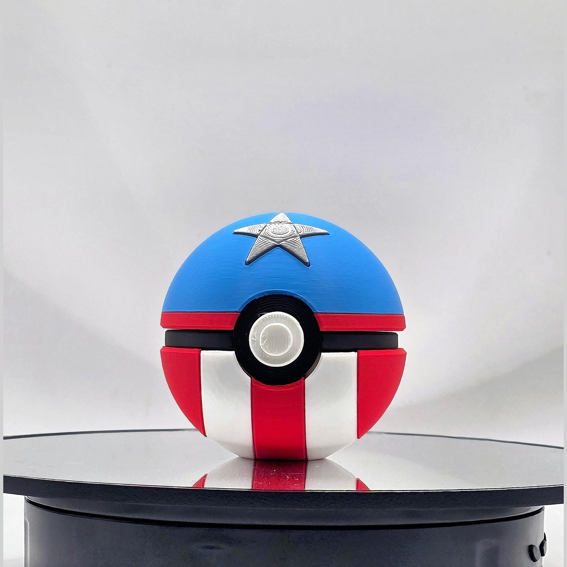3D printed red white and blue super soldier hero creature ball with silver star emblem
