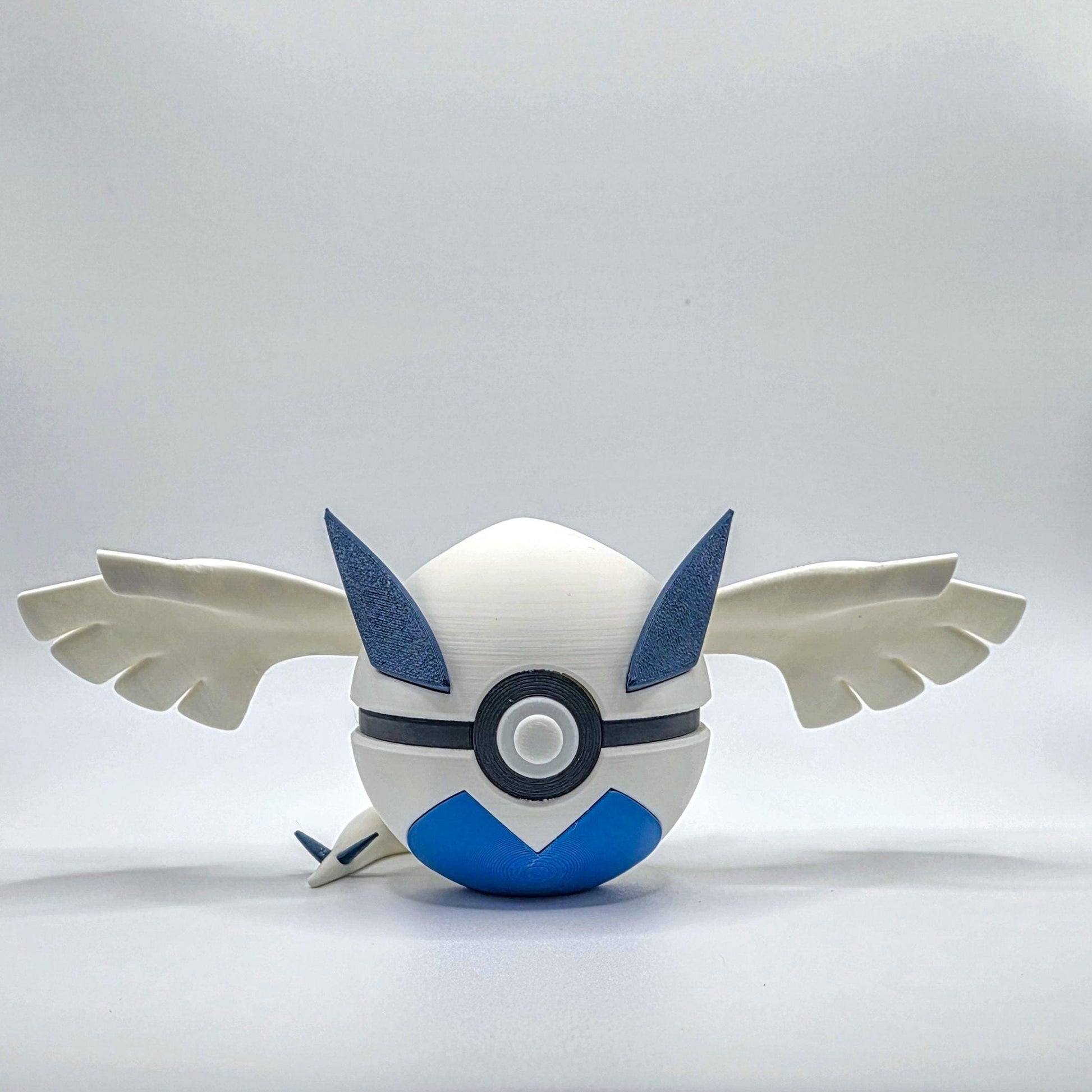 3D printed white and blue majestic sea guardian creature ball with wing extensions