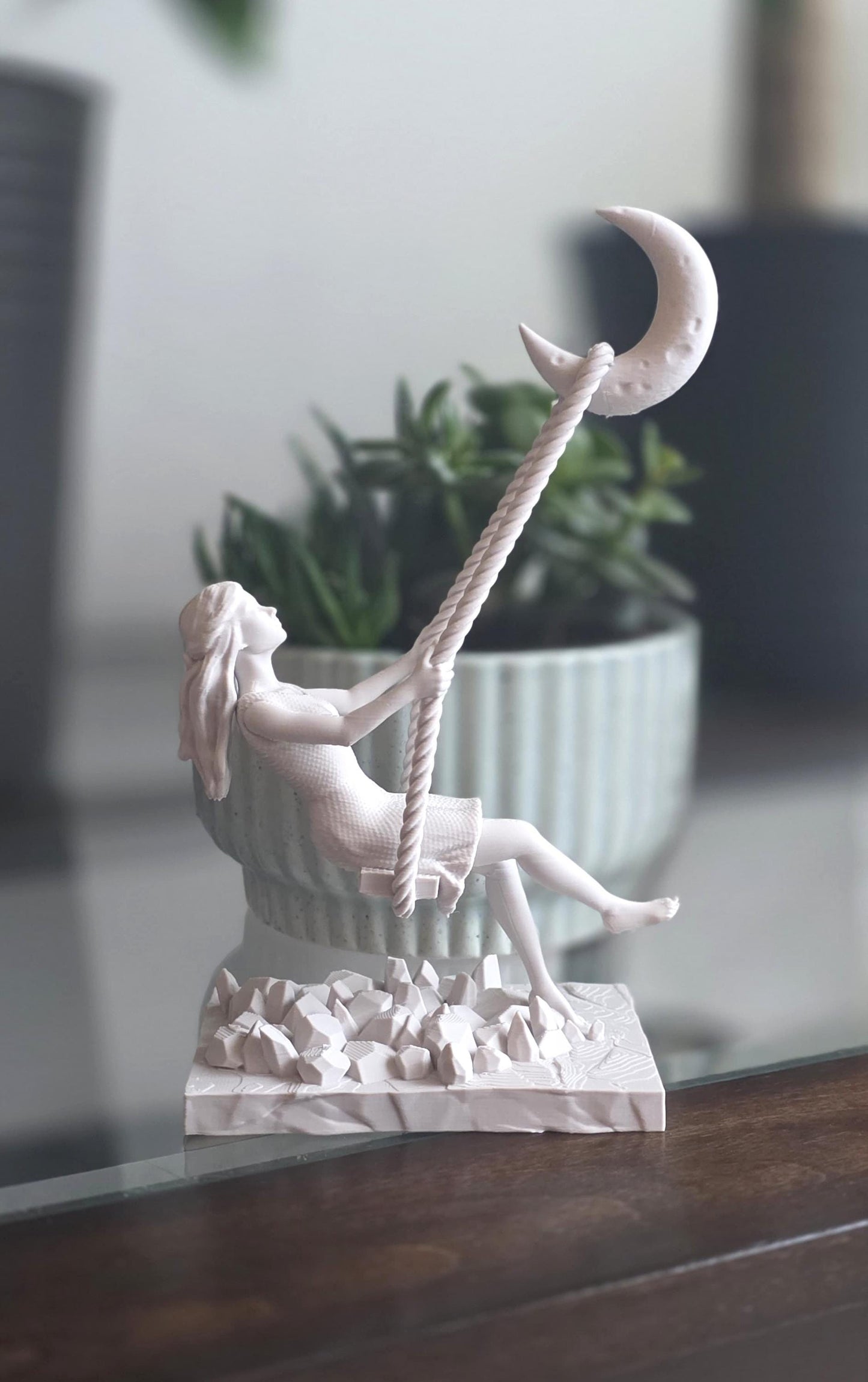 Girl Swinging on Moon Figurine | Dreamy Art Sculpture "Crescent Dreamer"