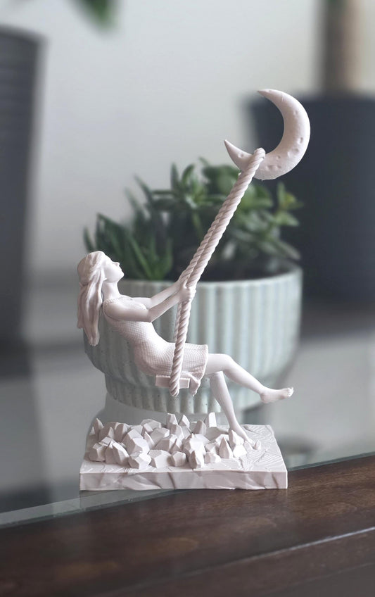 Girl Swinging on Moon Figurine | Dreamy Art Sculpture "Crescent Dreamer"