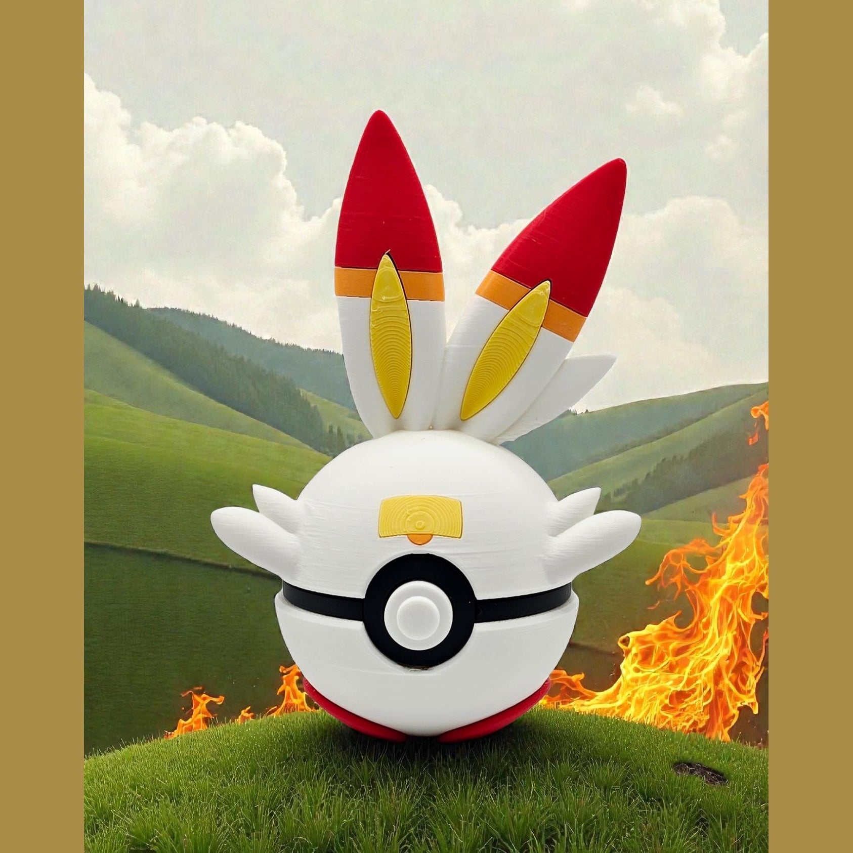 3D Printed Fire Bunny Creature Ball Display – Flame-Inspired Collector Sphere