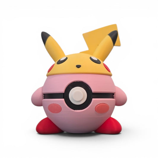 3D printed pink puff copy star wearing electric mouse hat mashup creature ball front view