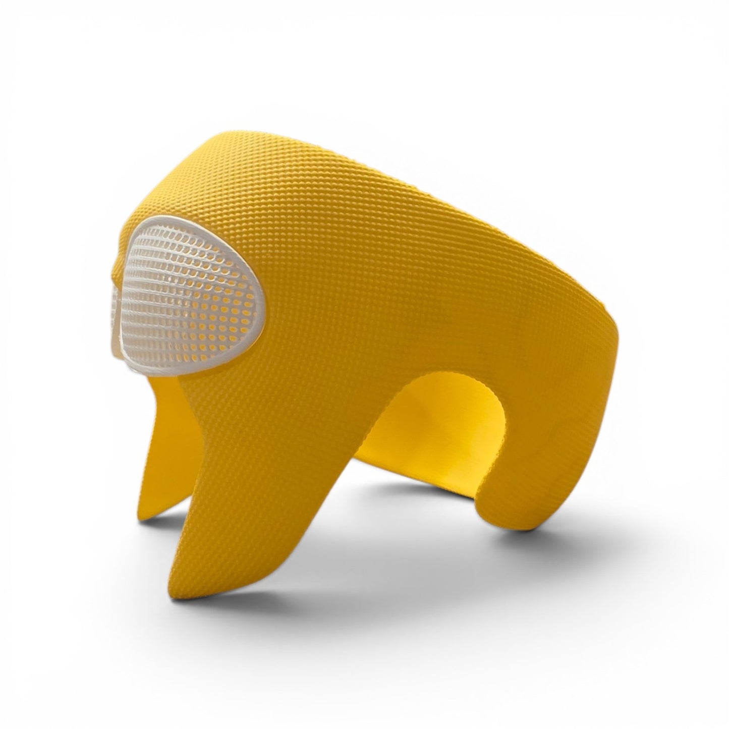 Close up of the mask showing honeycomb textured yellow shell from above