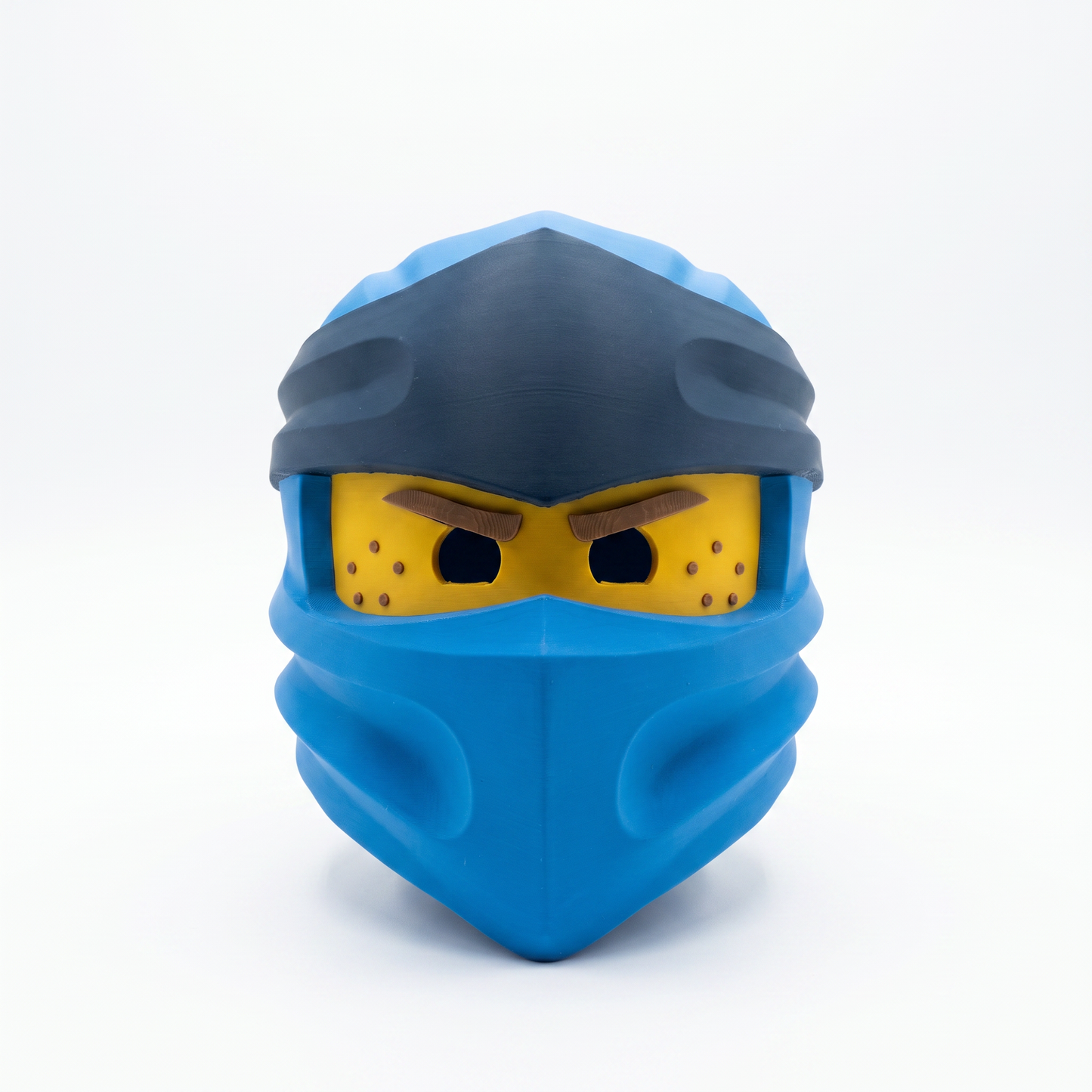 3D printed blue block figure lightning ninja cosplay helmet front view yellow face panel and dark grey head wrap