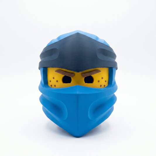 3D printed blue block figure lightning ninja cosplay helmet front view yellow face panel and dark grey head wrap