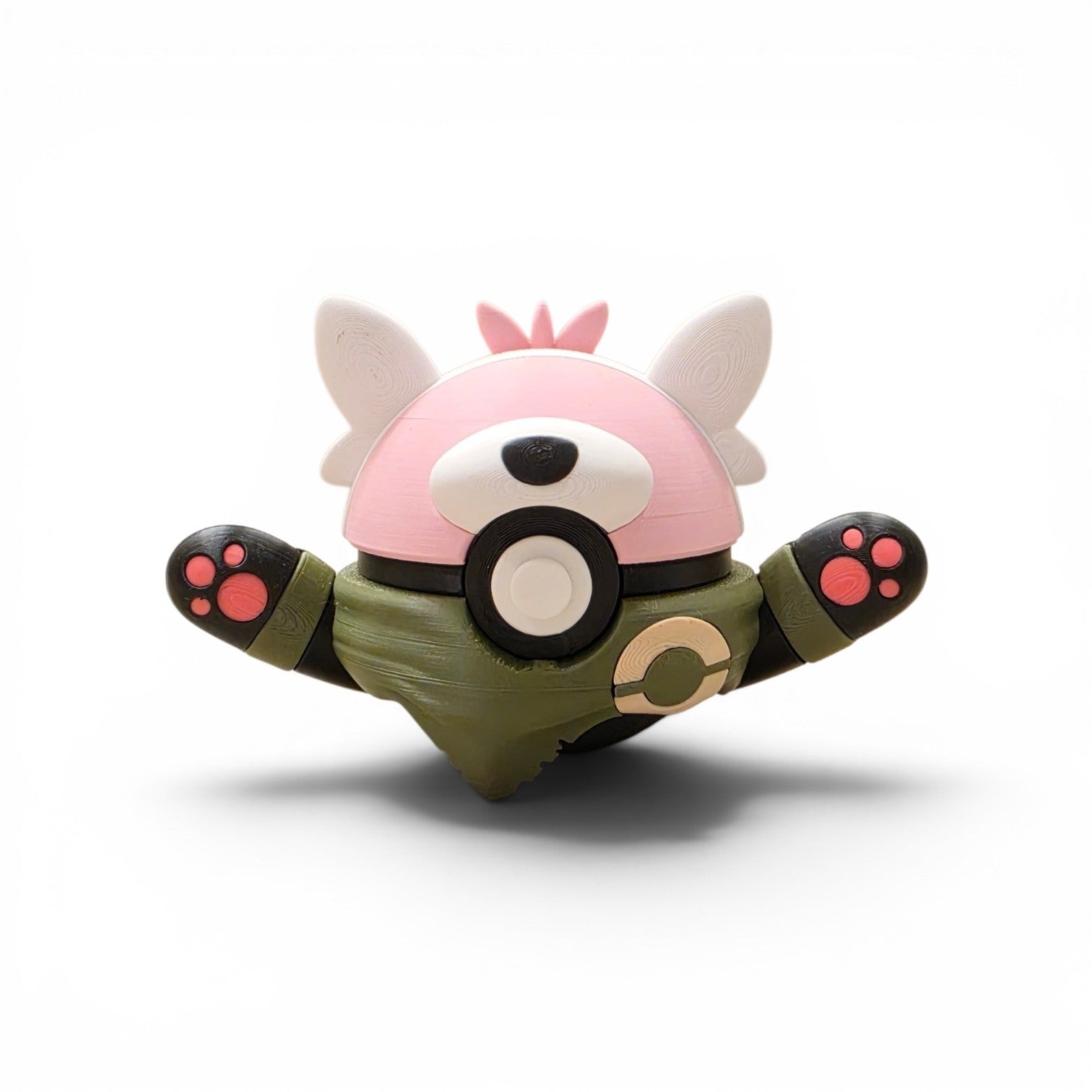 3D printed pink and olive green wilderness martial arts bear creature ball front view with arms outstretched