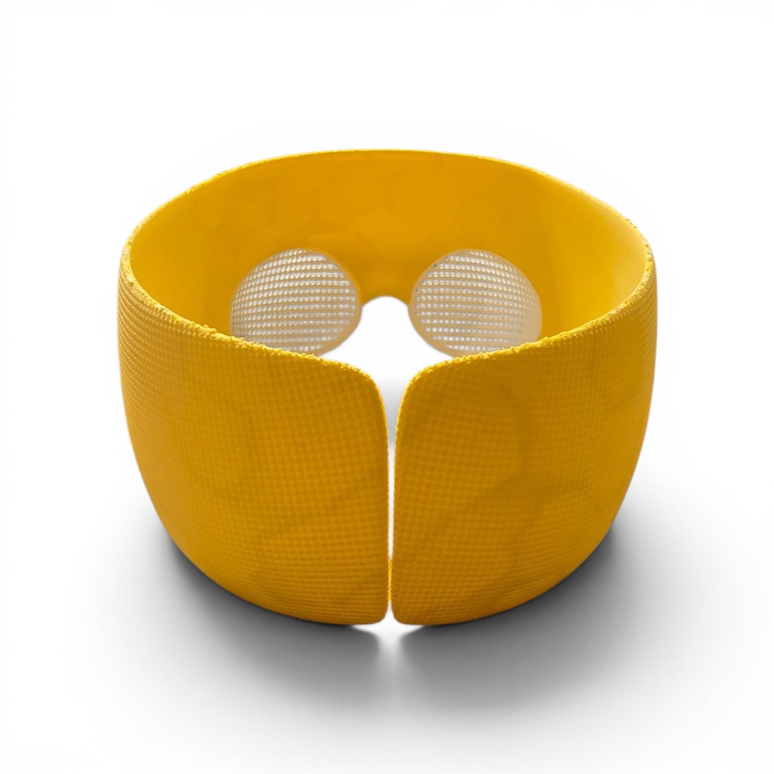 3D printed yellow textured superhero mask cosplay wearable side profile view