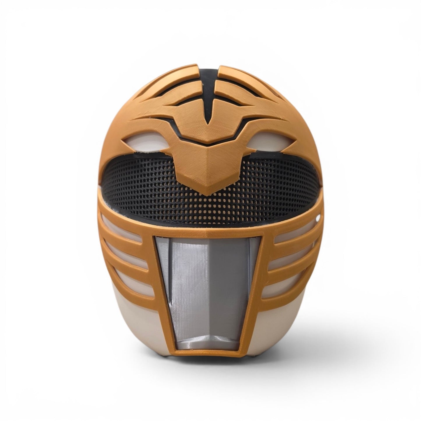 3D printed gold and white ranger cosplay helmet front view showing silver visor and mesh mouth panel