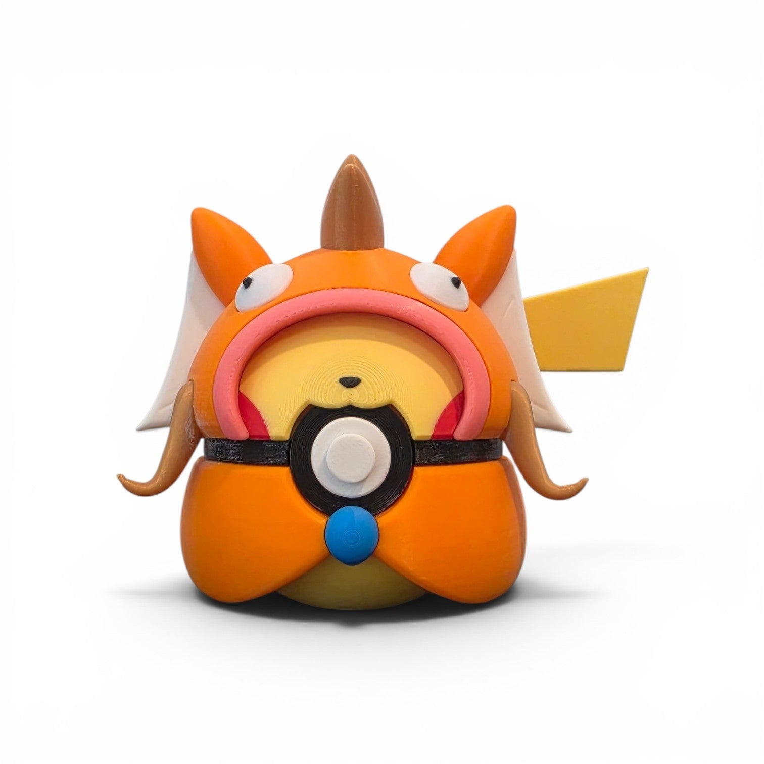 3D printed electric mouse in flopping fish poncho creature ball front view orange koi hood yellow face