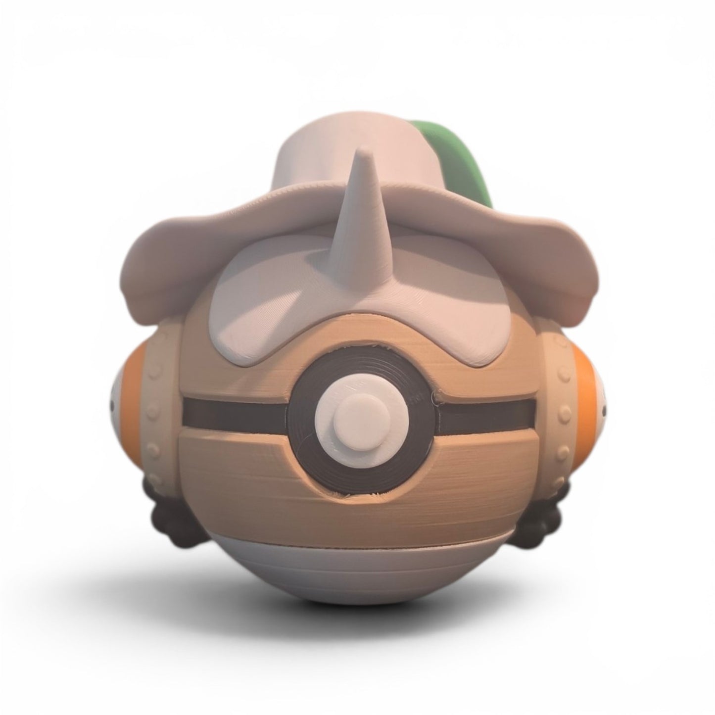 3D printed wily forest trickster and pirate sharpshooter anime mashup creature ball front view