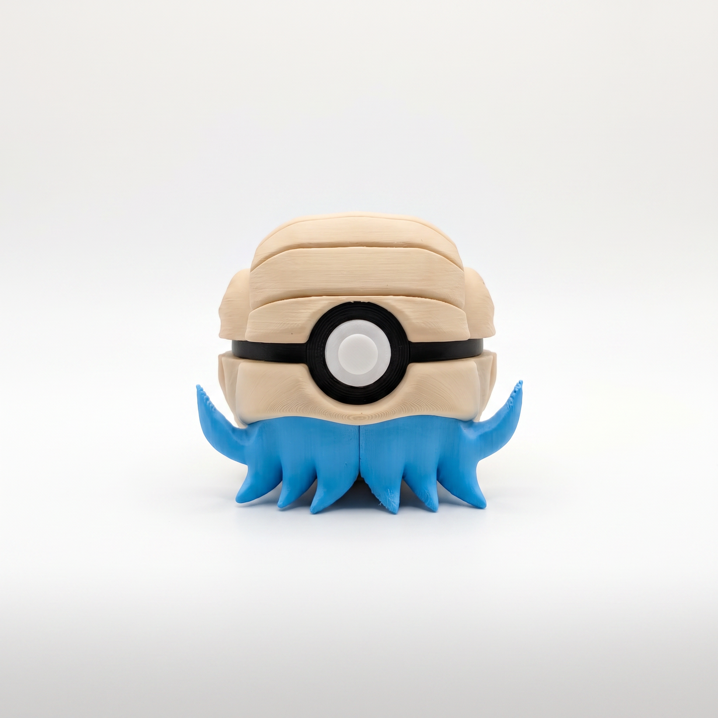 3D printed pale yellow helix shell spiral ammonite creature ball with sky blue tentacles front view