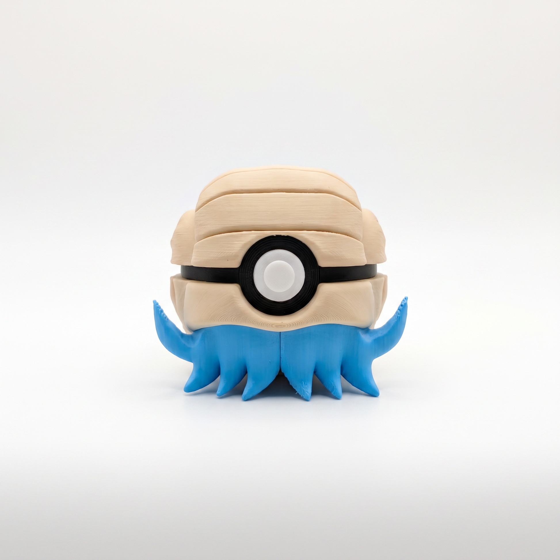 3D printed pale yellow helix shell spiral ammonite creature ball with sky blue tentacles front view