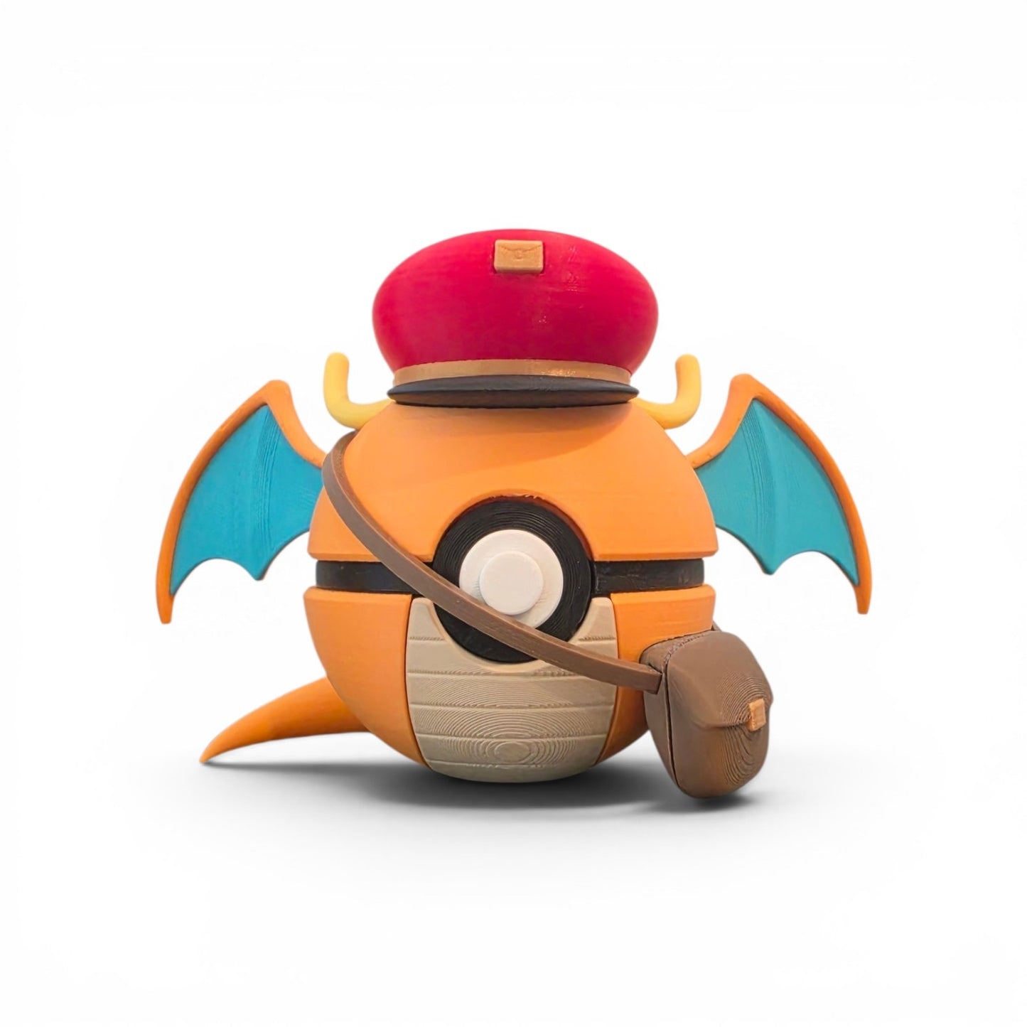 3D printed orange sea guardian dragon special delivery creature ball with red postal cap and messenger bag front view