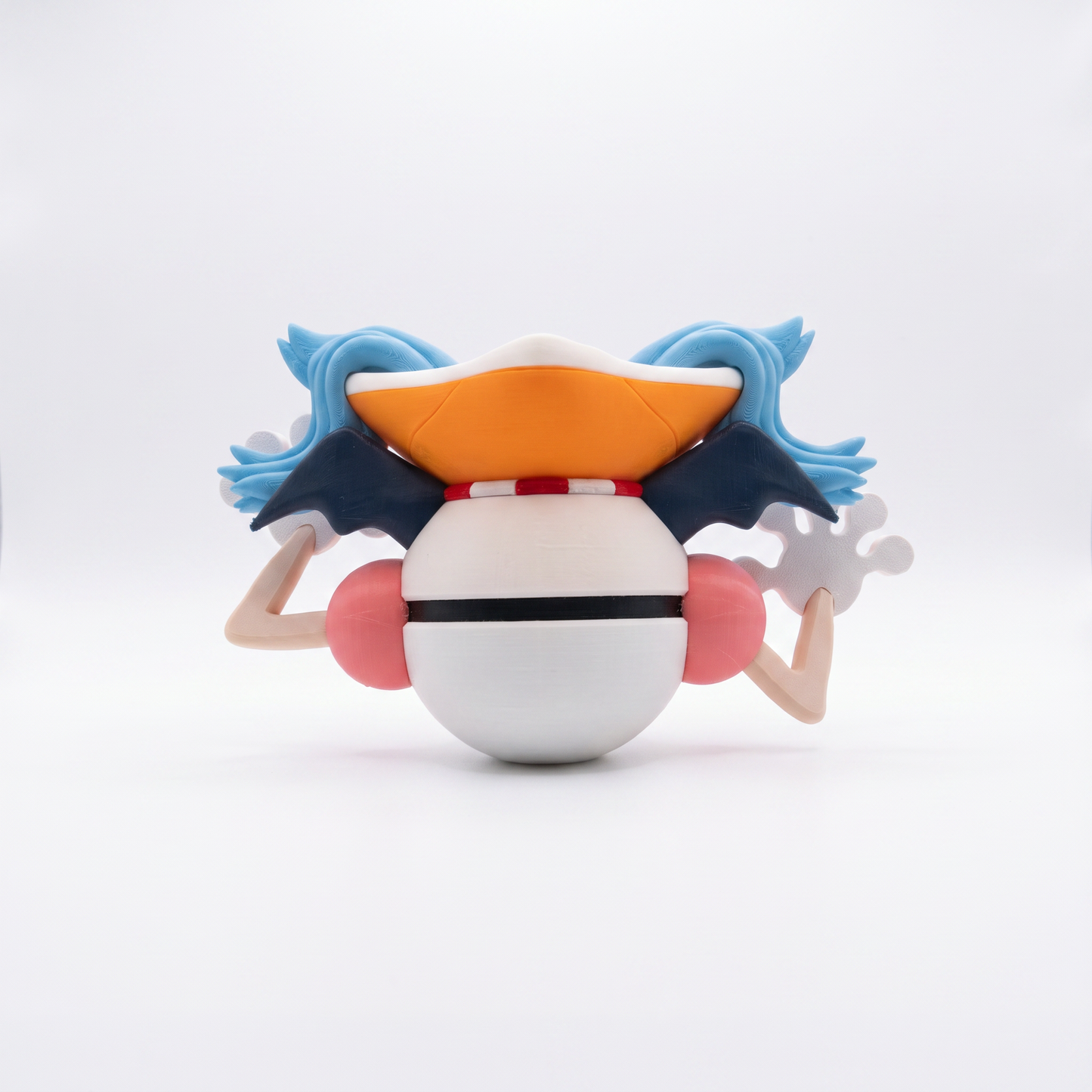 Close up of the creature ball showing blue hair tufts and white glove hands with pink finger pads outstretched