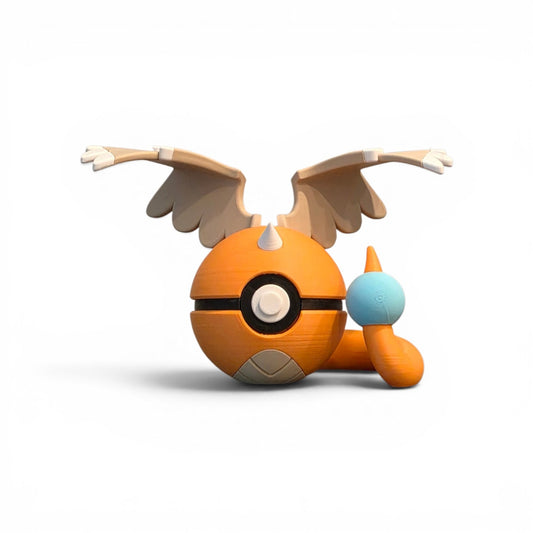 3D printed orange mega evolved sea guardian dragon creature ball with feathery head wings front view