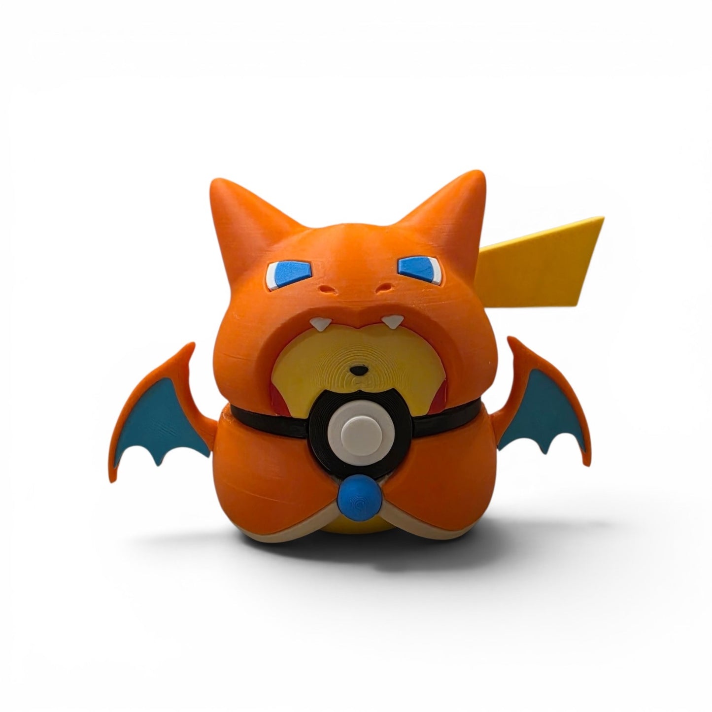 3D printed electric mouse in fire dragon poncho creature ball front view yellow face peeking through orange hood