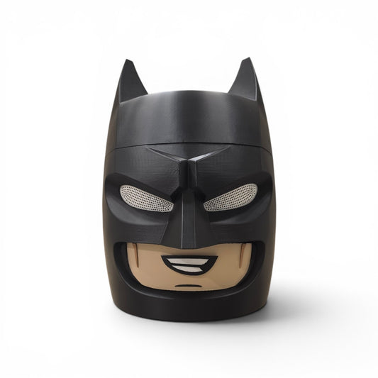 3D printed black block figure dark knight cosplay helmet with bat ears front view