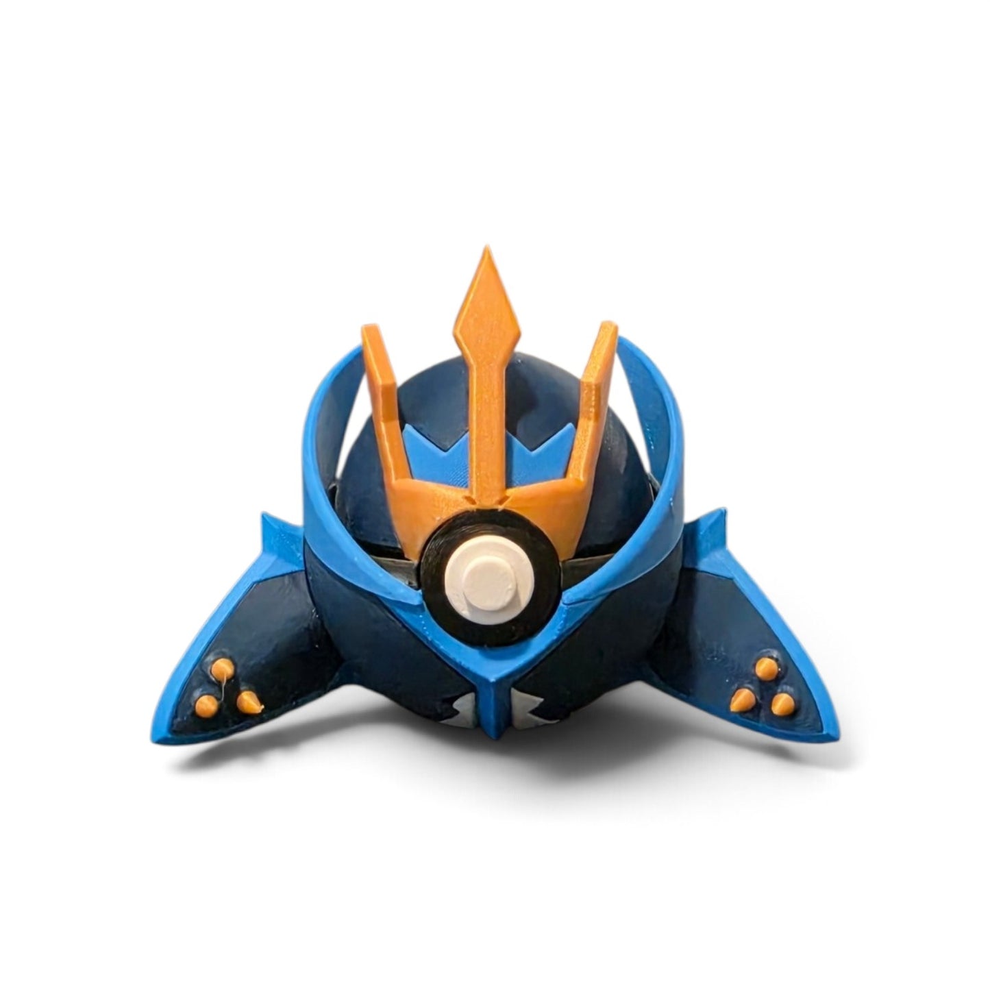 3D printed navy blue emperor penguin steel starter creature ball with gold trident crest front view