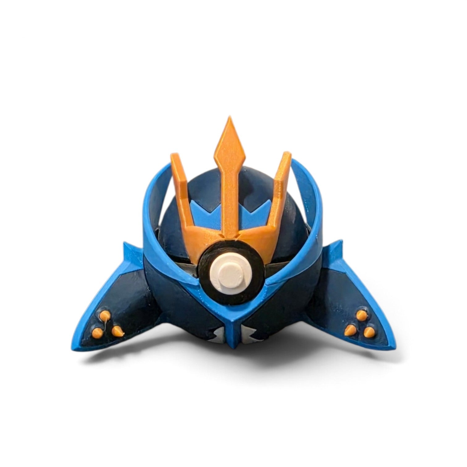 3D printed navy blue emperor penguin steel starter creature ball with gold trident crest front view