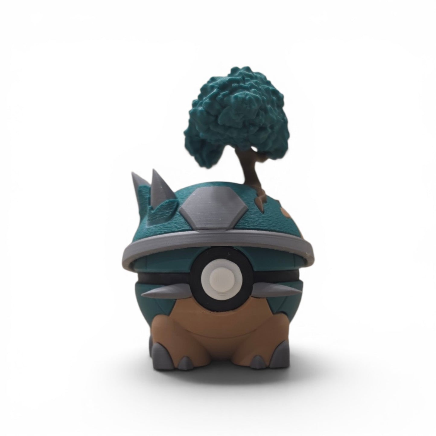 3D printed teal green ancient forest tortoise creature ball with oak tree and stone peaks front view