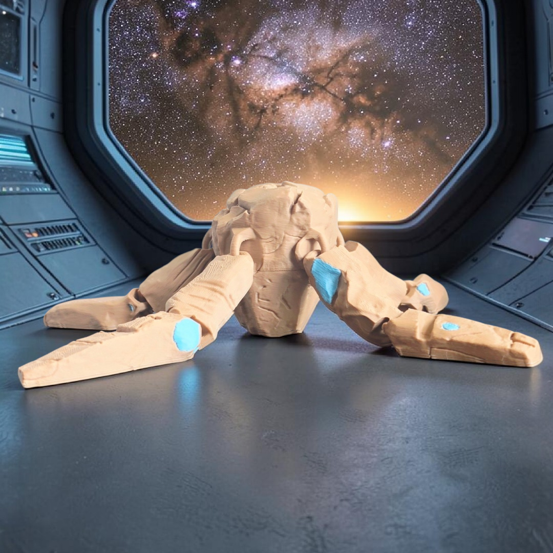 3D printed sandy brown flexi five-limbed rock alien engineer figure fully extended