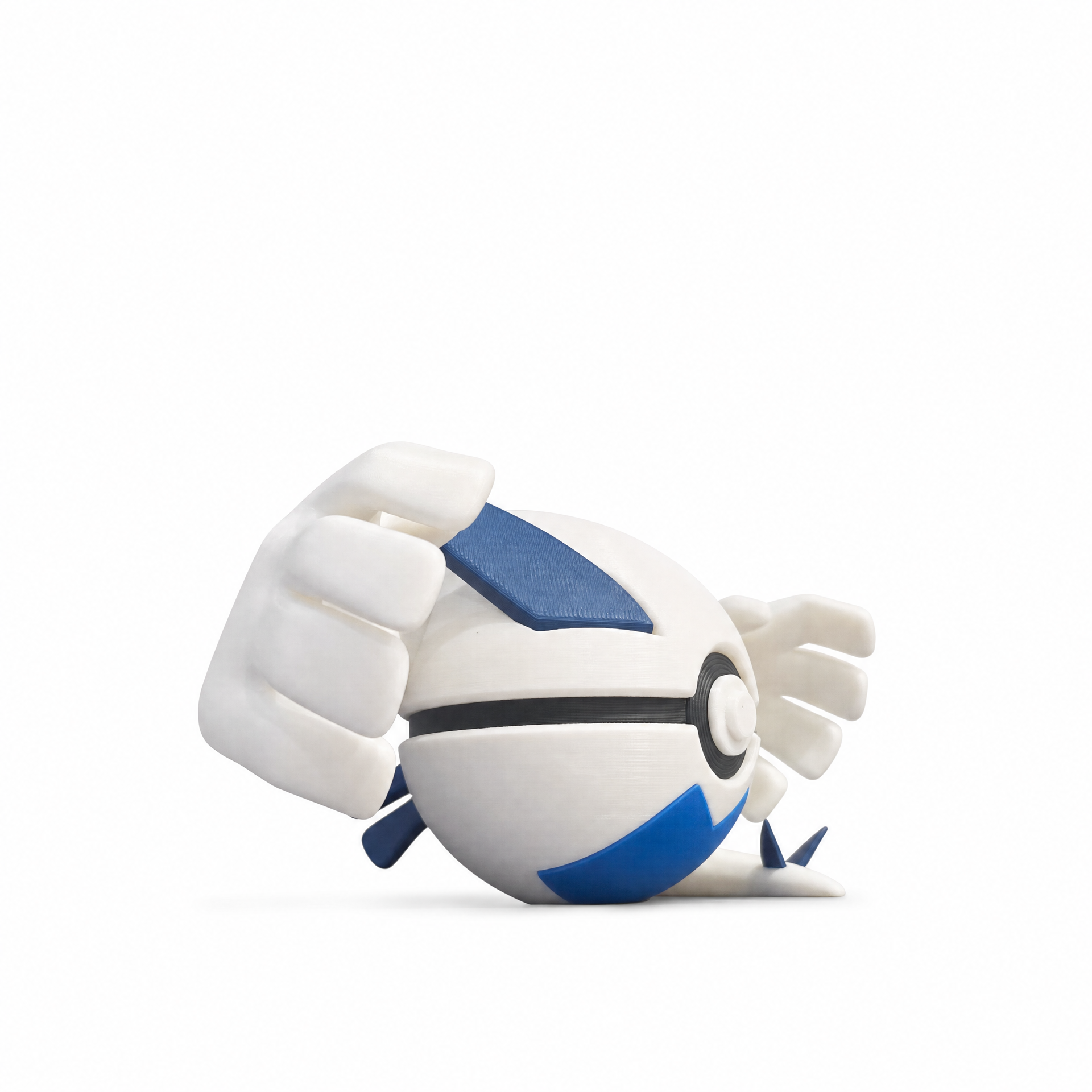 Close up of the silver guardian creature ball showing blue chest plate and swept back blue ear crest