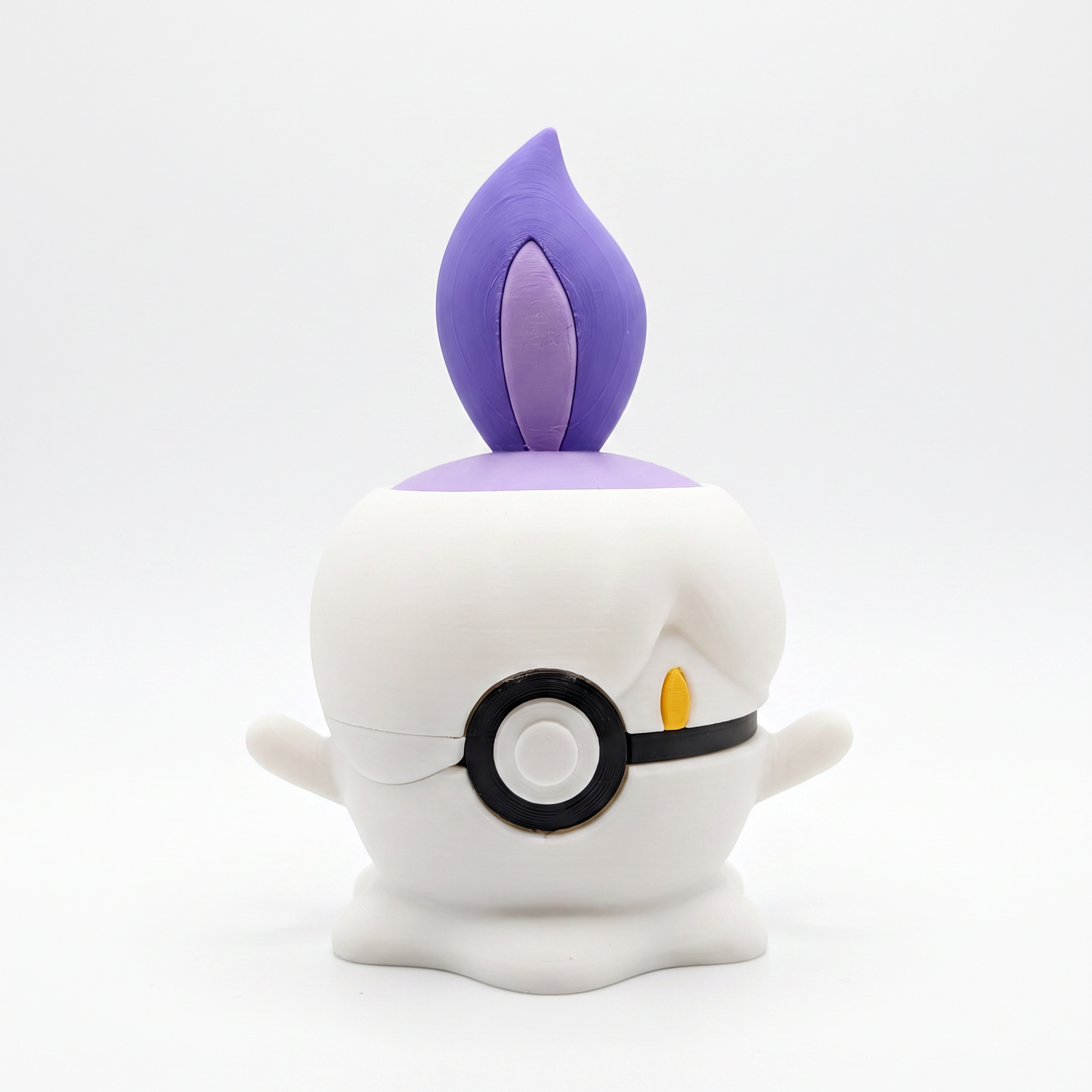 3D printed white ghost candle flame creature ball with purple flame and yellow eye front view