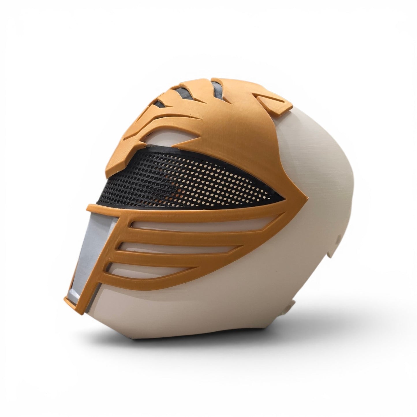 3D printed gold and white ranger cosplay helmet side profile view
