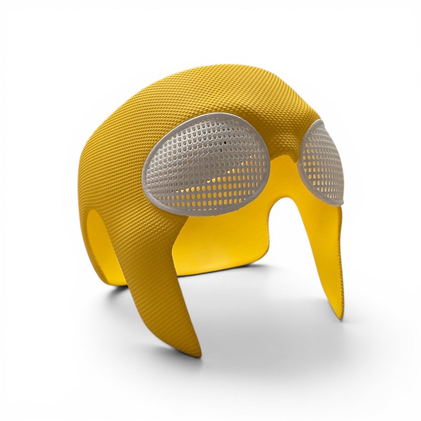Close up of the mask showing front face view with both silver eye lenses